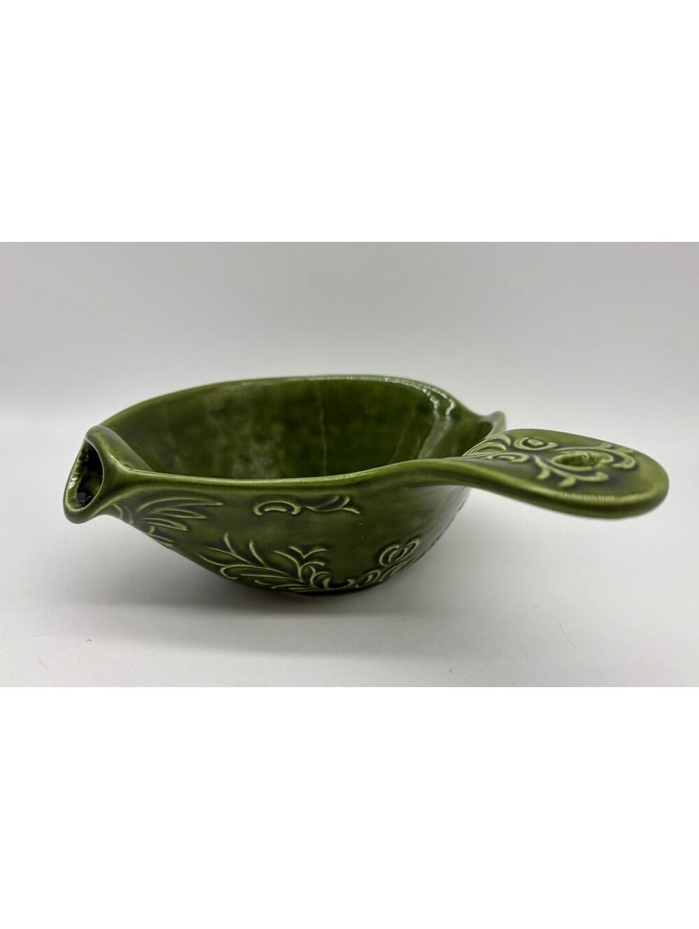 Vintage Green Ceramic Gravy Boat w/ Fat Separator Forest Green 1970’s Gift craft